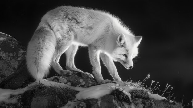 Zwart-wit beeld van een wilde vos in zijn natuurlijke leefgebied