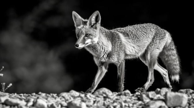 Gratis foto zwart-wit beeld van een wilde vos in zijn natuurlijke leefgebied