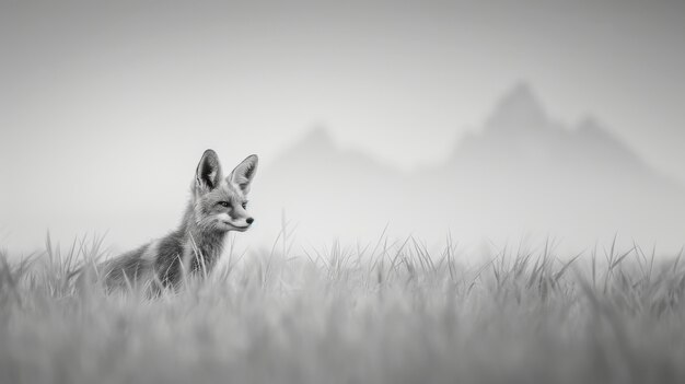 Zwart-wit beeld van een wilde vos in zijn natuurlijke leefgebied