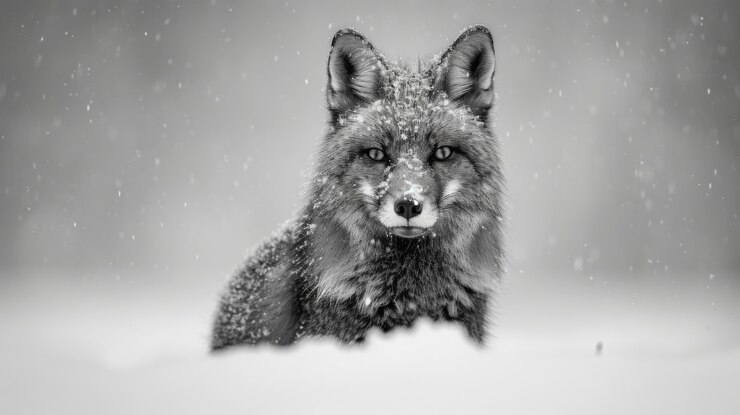 Gratis Foto zwart-wit beeld van een wilde vos in zijn natuurlijke leefgebied
