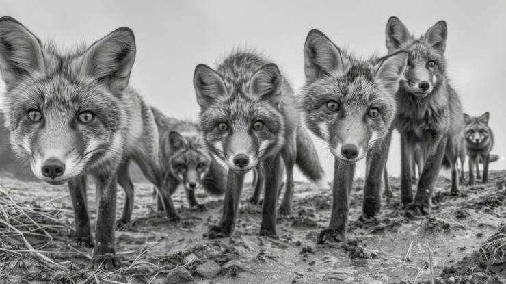 Gratis Foto zwart-wit beeld van een wilde vos in zijn natuurlijke leefgebied