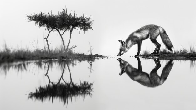 Zwart-wit beeld van een wilde vos in zijn natuurlijke leefgebied