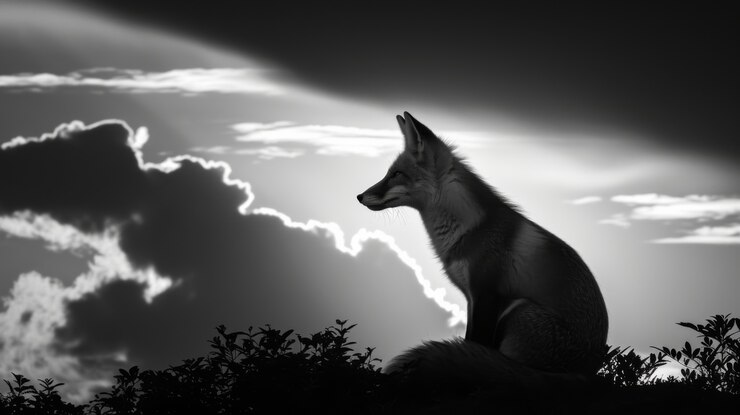 Gratis Foto zwart-wit beeld van een wilde vos in zijn natuurlijke leefgebied