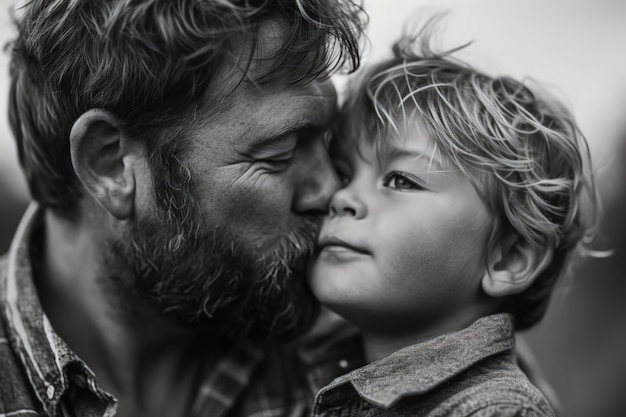 Gratis foto zwart-wit kussend portret van ouder en kind