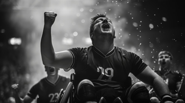 Zwart-wit portret van een atleet die deelneemt aan de Paralympische Kampioenschappen