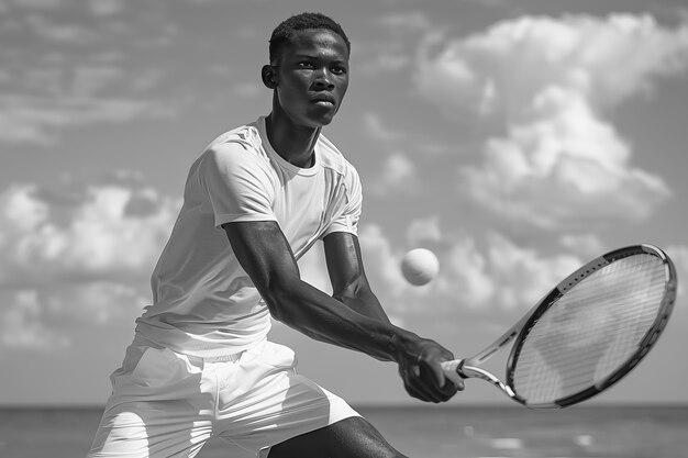 Zwart-wit portret van een professionele tennisspeler