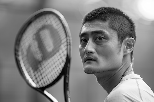 Zwart-wit portret van een professionele tennisspeler
