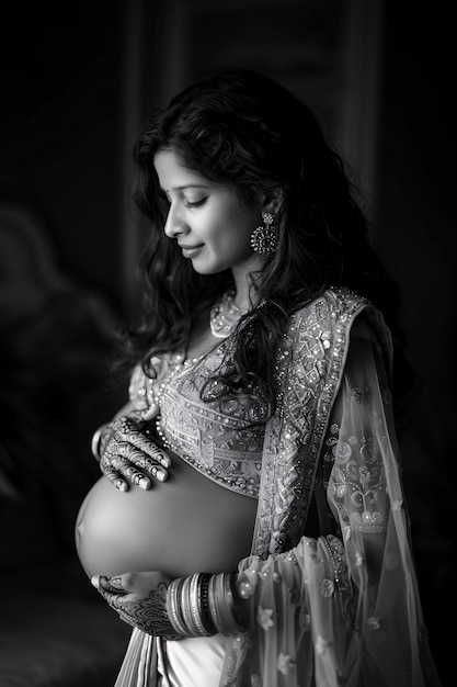 Zwart-wit portret van een vrouw die een baby verwacht