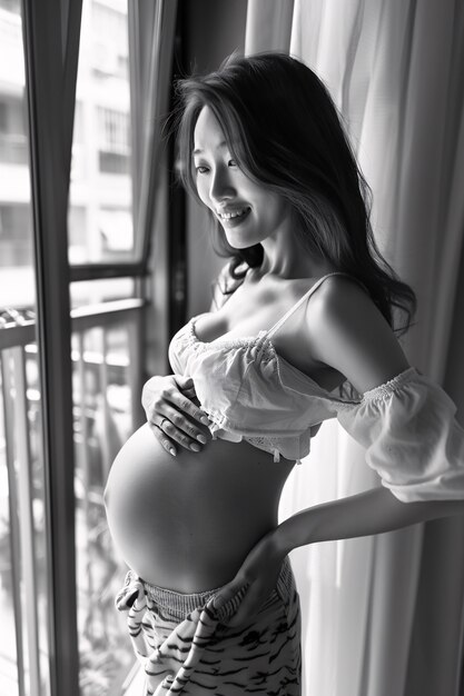 Zwart-wit portret van een vrouw die een baby verwacht