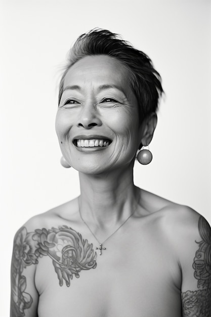 Zwart-wit portret van een vrouw met tatoeages