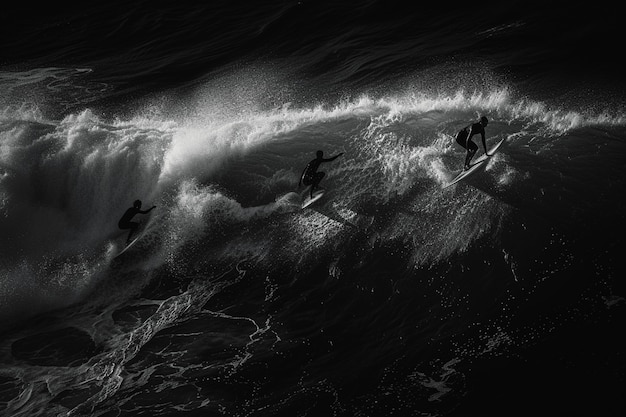 Gratis foto zwart-wit portret van mensen die surfen tussen de golven