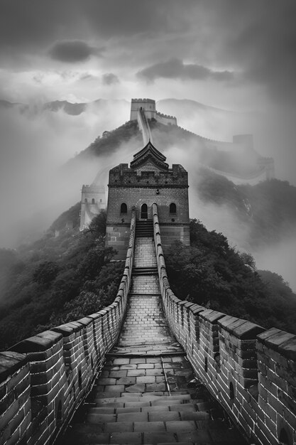 Zwart-wit scène van de Grote Muur van China