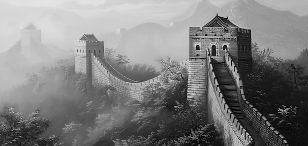 Gratis foto zwart-wit scène van de grote muur van china