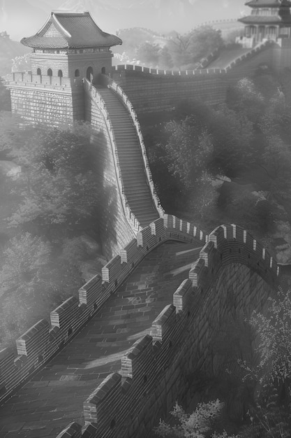 Gratis foto zwart-wit scène van de grote muur van china