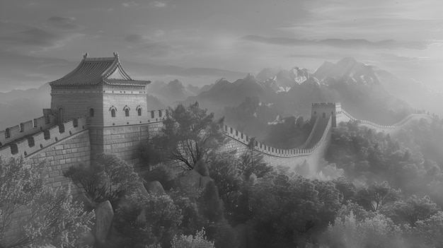 Gratis foto zwart-wit scène van de grote muur van china