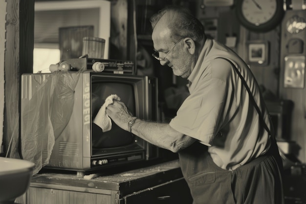 Zwart-wit vintage portret van een man die huishoudelijk werk doet