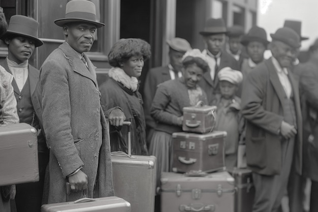 Gratis foto zwart-wit vintage scène met mensen die in oude tijden naar landelijke gebieden migreren