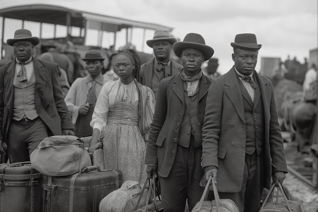 Gratis foto zwart-wit vintage scène met mensen die in oude tijden naar landelijke gebieden migreren