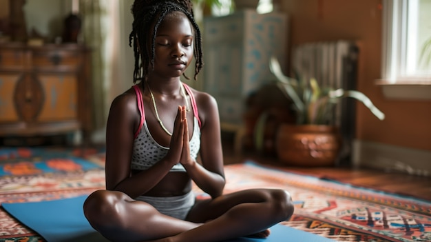 Gratis foto zwarte jongen die yoga beoefent.