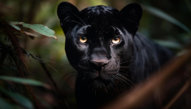 Gratis foto zwarte katachtige die alert staart in tropisch regenwoud gegenereerd door ai