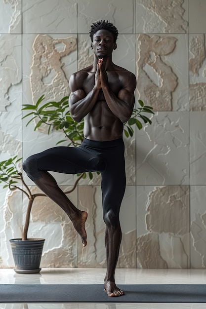 Gratis foto zwarte man die yoga beoefent.