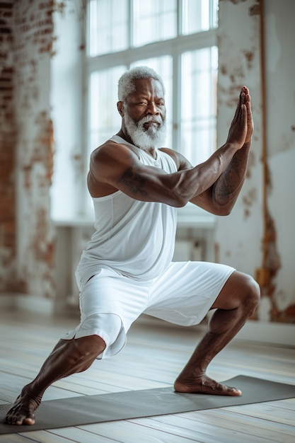 Gratis foto zwarte man die yoga beoefent.