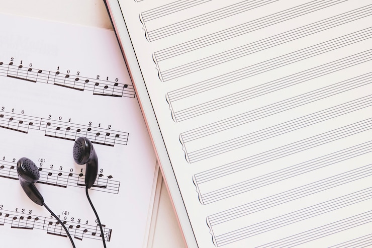 Gratis Foto zwarte oortelefoon op muzieknoot met digitale tablet