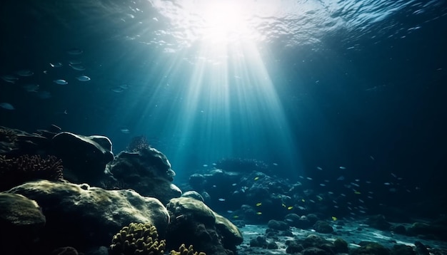Zwemmen met tropische vissen in een onderwaterparadijs gegenereerd door AI