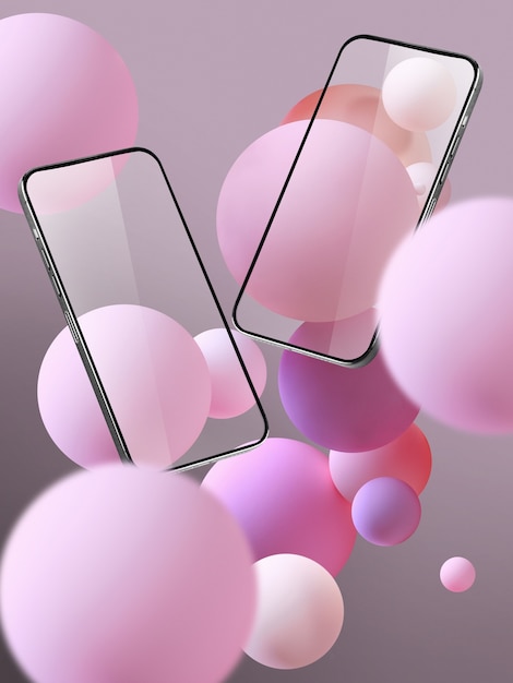 Gratis foto zwevende smartphoneschermen met bubbels