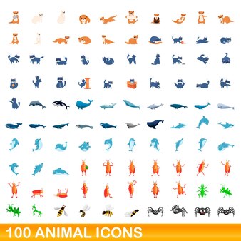 100 dieren pictogrammen instellen. cartoon illustratie van 100 dieren iconen vector set geïsoleerd op een witte background