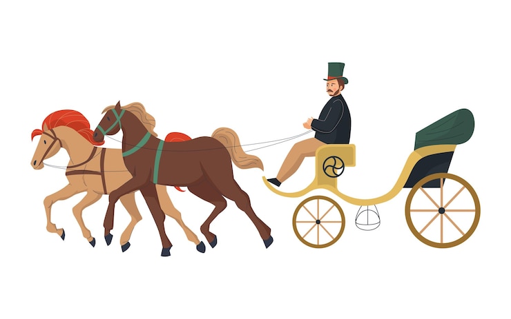 Gratis Vector 18e 19e-eeuwse oude stad mode compositie met geïsoleerde icoon van vintage koets met paarden en coacher vectorillustratie