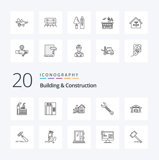 20 Bouw- en constructielijnpictogram Pakket als garageconstructie voor woningbouwsleutel