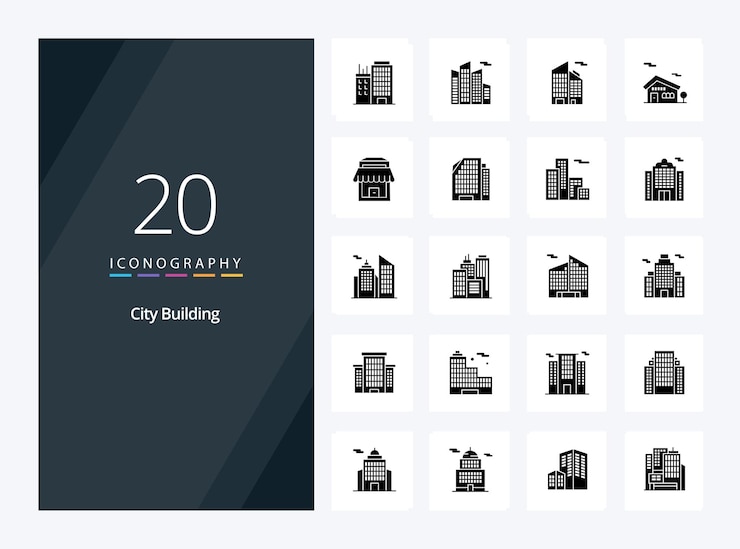 Gratis Vector 20 city building solid glyph-pictogram voor presentatie