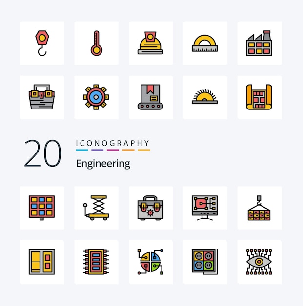 20 engineering line filled color icon pack zoals bouwconstructie constructie vrachtreparatie