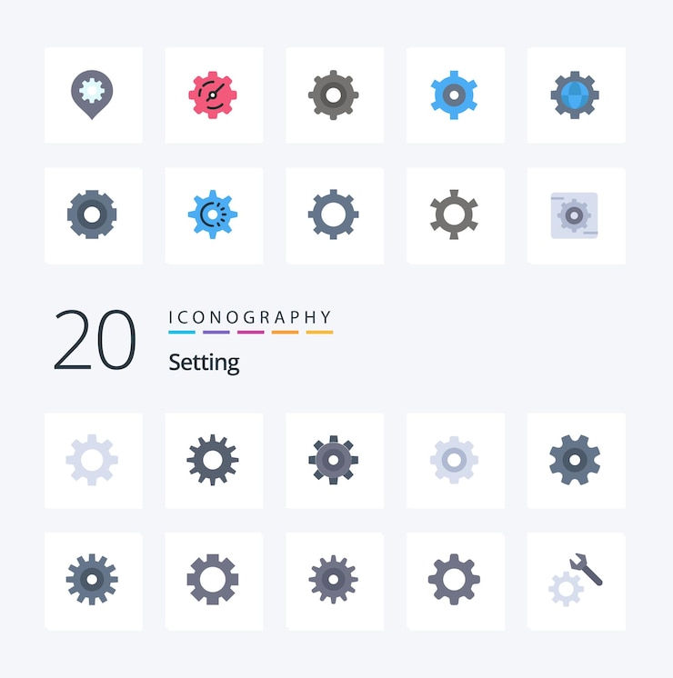 Gratis Vector 20 flat color-pictogram instellen pack zoals het instellen van de timer voor het instellen van de locatie van de tandwielen
