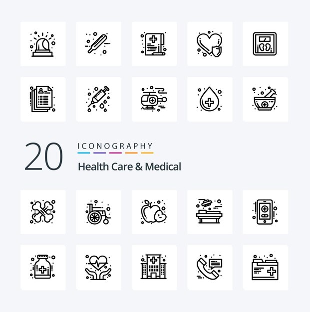 20 Gezondheidszorg en medische lijnpictogram Pak zoals online gezondheidszorg voedselchirurgie medisch