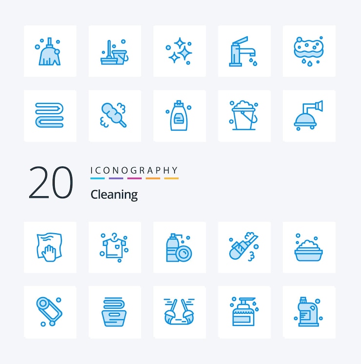 Gratis Vector 20 reiniging blauwe kleurpictogram pak zoals het reinigen van pijpaërosolstofzuiger