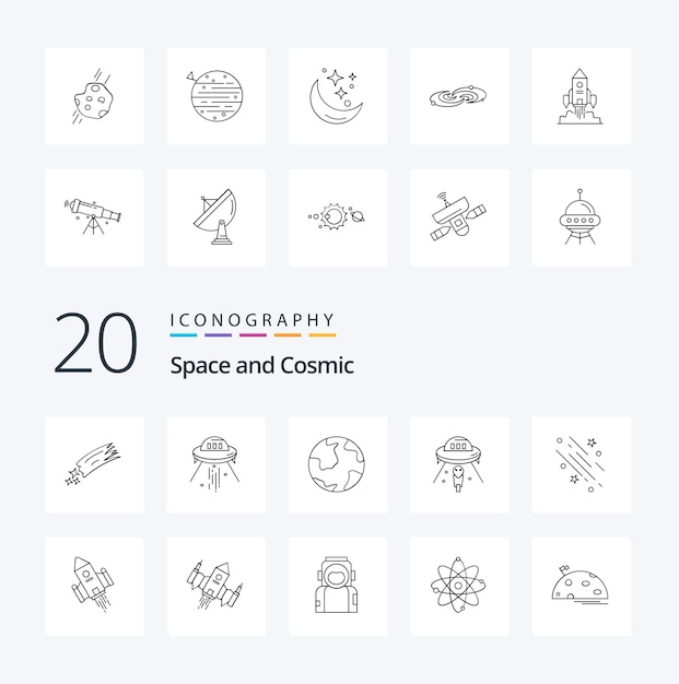 Gratis vector 20 space line-pictogram pack zoals astronomie squarico ruimtester