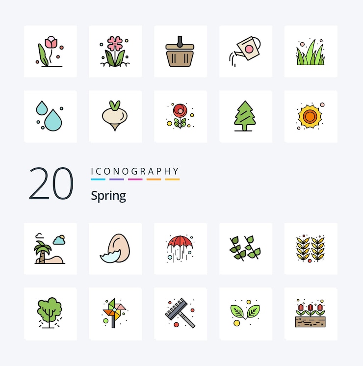 Gratis Vector 20 spring line filled color icon pack zoals landbouw landbouw regen lente blad