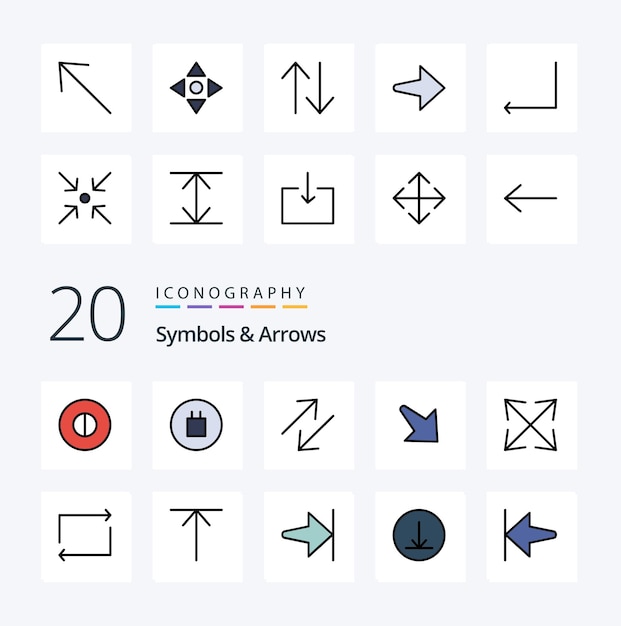 20 Symbolen Pijlen Lijn Gevuld Kleur pictogram Pak zoals pijl omhoog pijl naar rechts herhalen