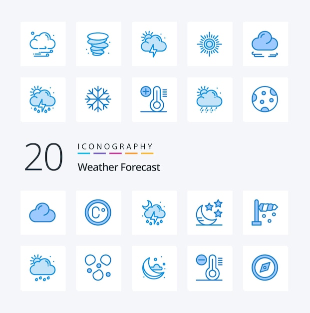 Gratis vector 20 weather blue color icon pack zoals regen wind maan richting nacht