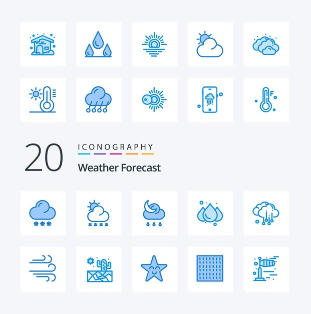 20 Weather Blue Color icon Pack zoals weerwolkvoorspelling weer regen