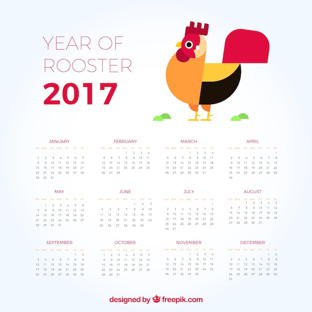 2017 kalender met haan in plat ontwerp