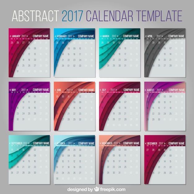 Gratis vector 2017 kalender sjabloon met gekleurde golven