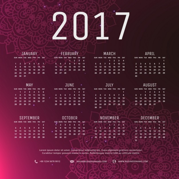 Gratis vector 2017 nieuwe jaar kalender in paarse achtergrond en mandala art