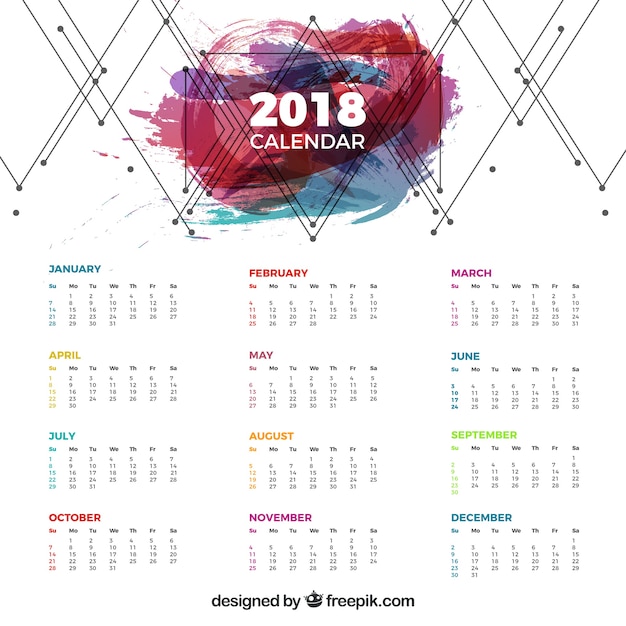 Gratis vector 2018 kalender met geometrische lijnen en gekleurde vlek