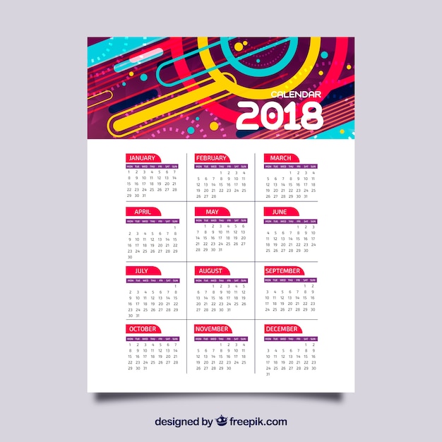 2018 kleurrijke kalender