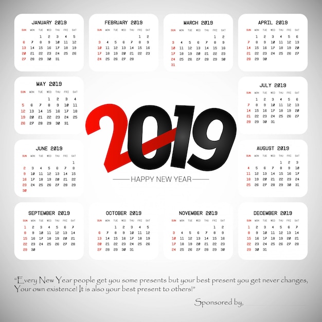 Gratis vector 2019 kalenderontwerp met lichte vector als achtergrond
