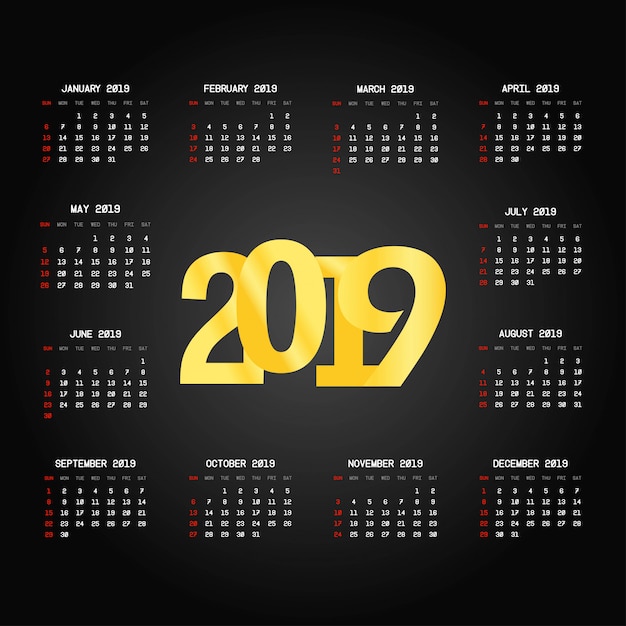 Gratis vector 2019 kalenderontwerp met zwarte vector als achtergrond