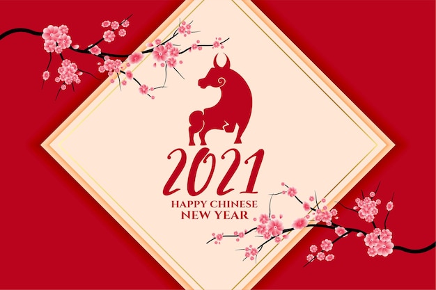 2021 chinees nieuwjaar van de os met sakura bloem vector
